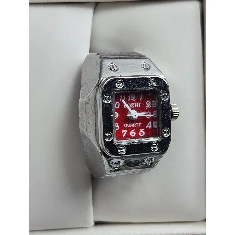Bozhi Square Ring Watch Red Dial Silver Tone Quartz Fashion Jewelry New Battery